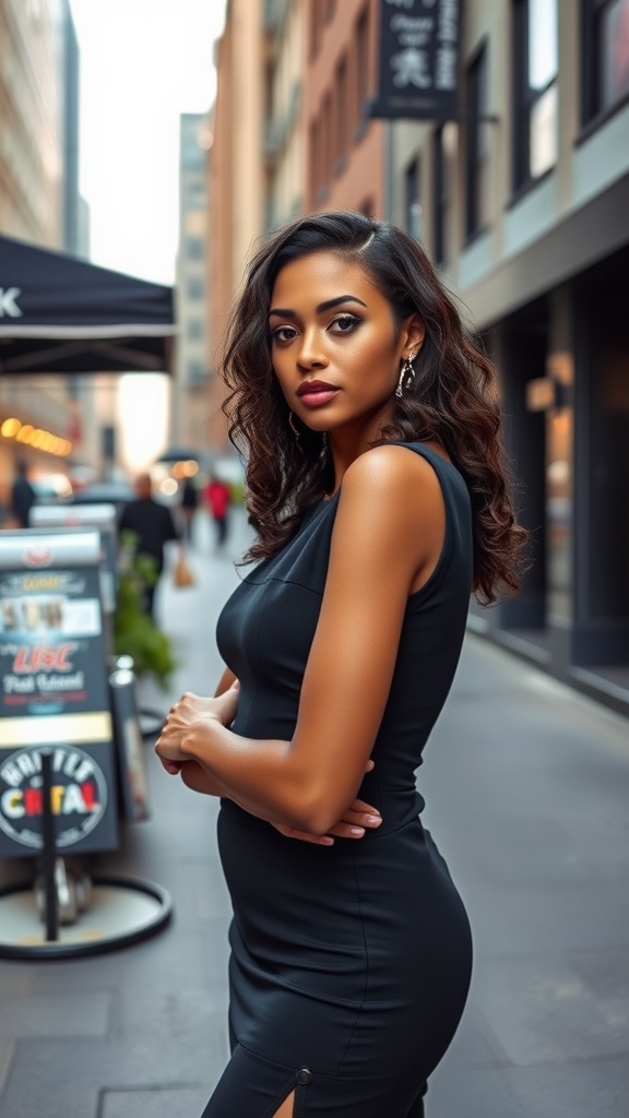 A woman with shoulder-length ringlets, dressed in a sleek outfit, poses confidently on a city street.