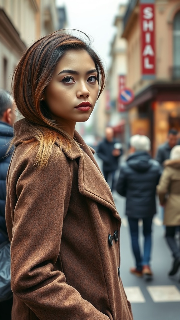Woman with side-parted brown sugar hair wearing a brown coat in a city street.