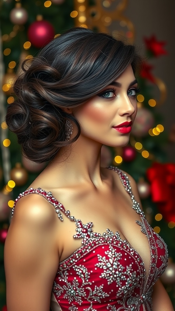 A woman with side-swept curls and glitter, wearing a stunning dress, standing in front of a decorated Christmas tree.