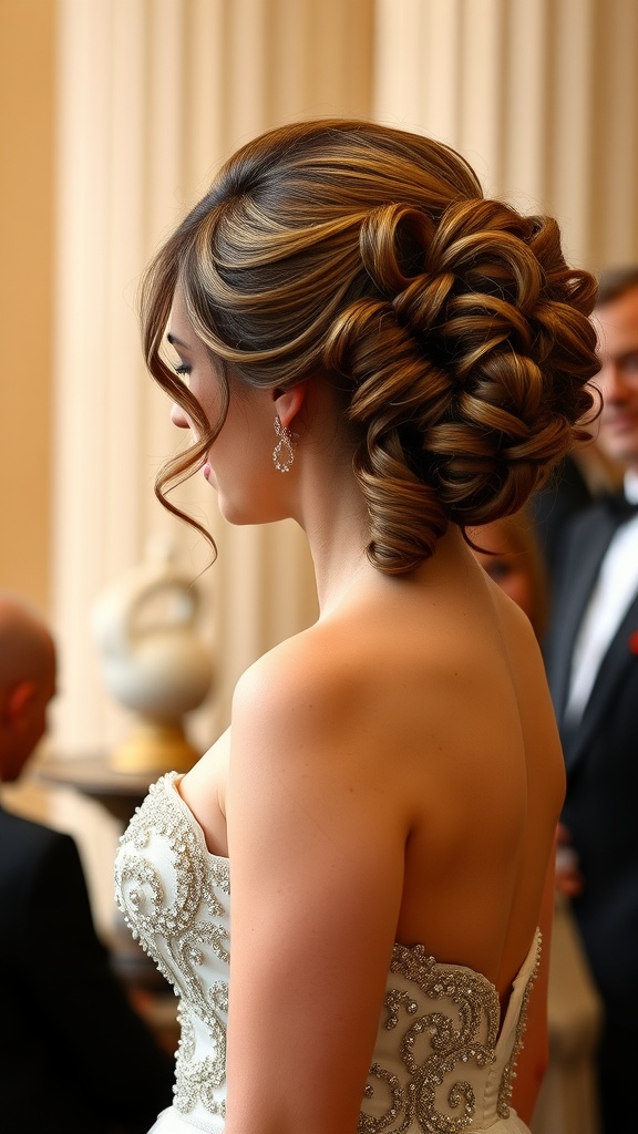 A woman with a side-swept curly updo, wearing a beautiful dress with intricate detailing.