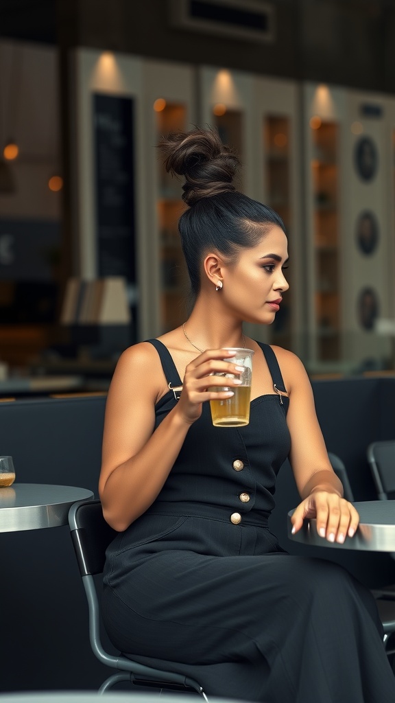 A woman with a sleek brown sugar ponytail wearing a black outfit, sitting at a cafe with a drink.