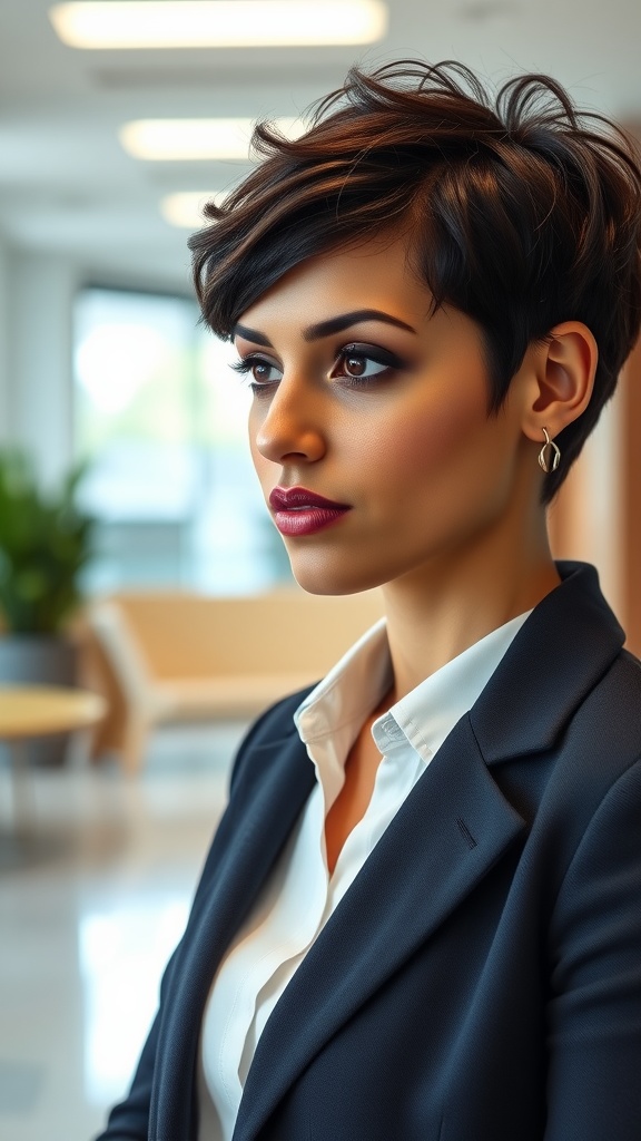 A woman with a sleek curly pixie hairstyle, wearing a dark suit and a white shirt, looking thoughtfully to the side.