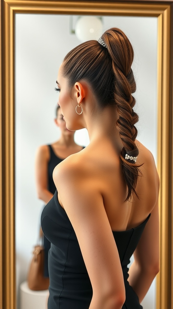 A woman wearing a sleek high ponytail with accessories, showcasing a stylish look.
