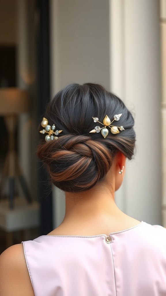 A woman with a sleek low bun adorned with hair accessories, showcasing an elegant hairstyle.