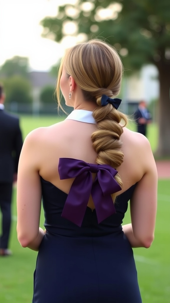 A woman with a sleek low ponytail decorated with a bow, showcasing her elegant hairstyle.