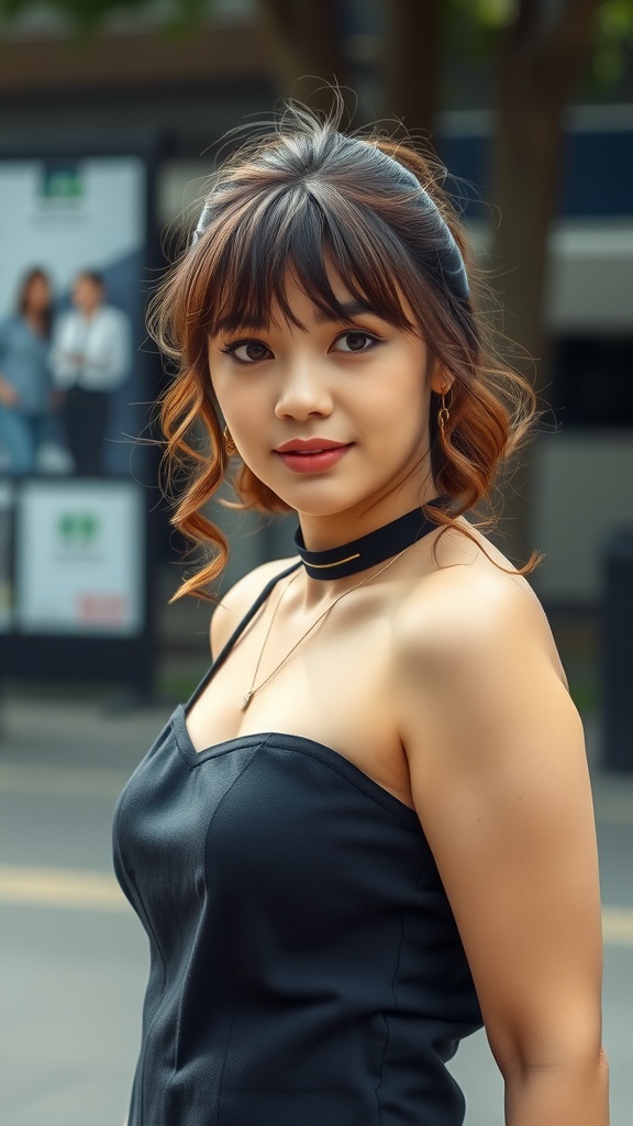 A woman with soft curly bangs and a stylish outfit, showcasing a chic hairstyle.