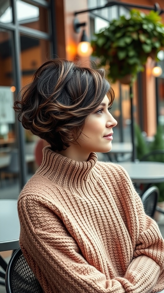 A woman with soft waves in a curly pixie hairstyle, wearing a cozy sweater.