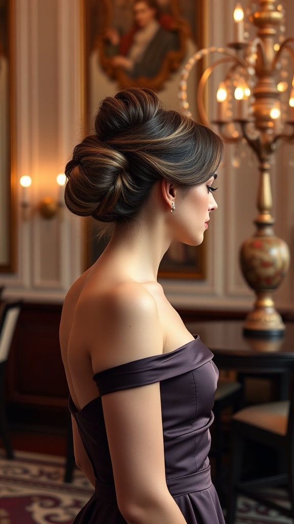 A woman with a classic updo hairstyle, wearing a purple off-shoulder dress, in an elegant indoor setting.