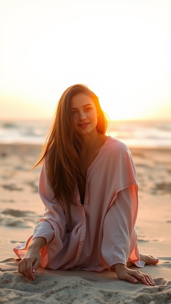 A woman with sun-kissed brown sugar highlights sitting on the beach at sunset.