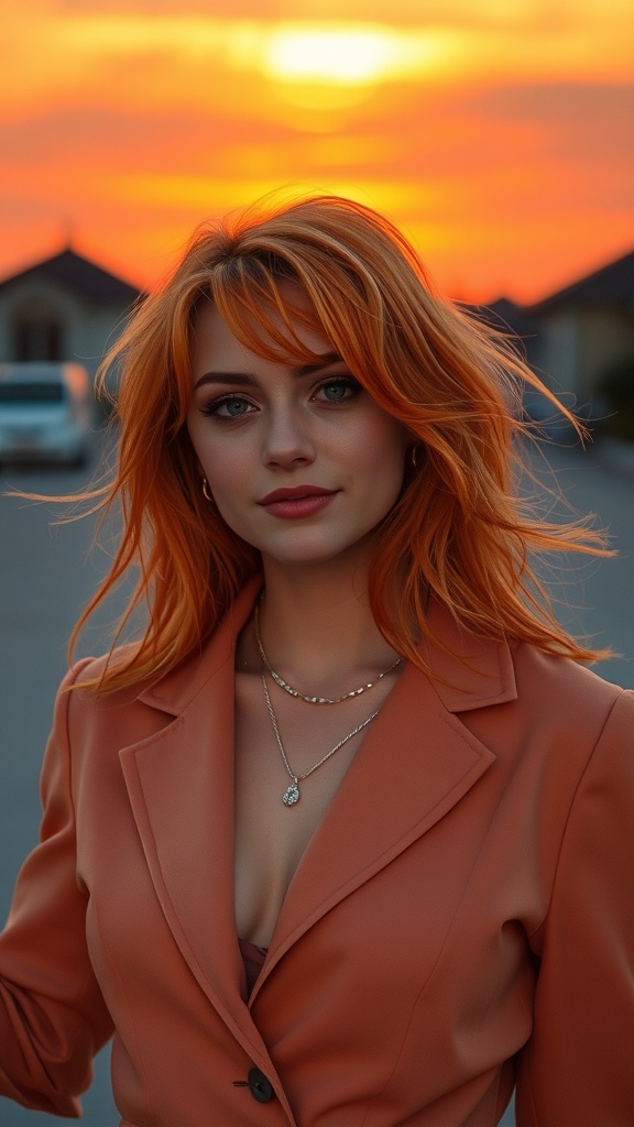 A woman with sunset orange hair and a stylish outfit, posing against a sunset backdrop.