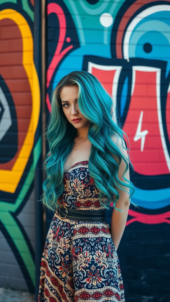 A woman with teal and blue ombre hair, wearing a stylish patterned outfit, stands in front of a colorful mural.