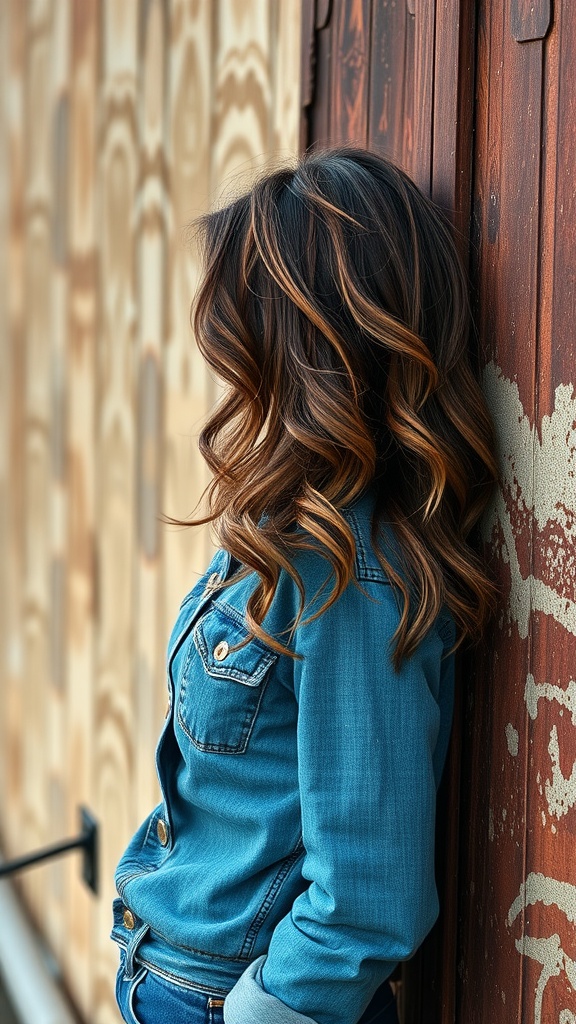 A woman with layered brown sugar hair styled casually, leaning against a wooden wall.
