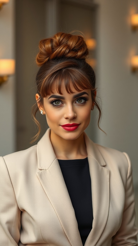 A woman with a textured chignon hairstyle and bangs, wearing a stylish outfit