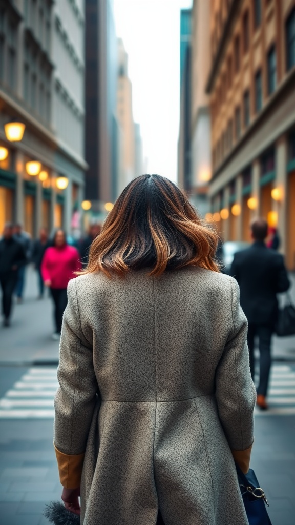 A woman with a stylish coat, walking in a city street, showcasing a chic hairstyle with soft curls and straight ends.