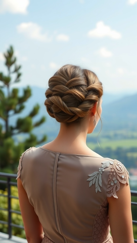 A woman with a twisted braid updo hairstyle, showcasing elegance with a scenic background.