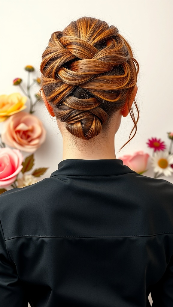 A woman with a twisted half-updo hairstyle, adorned with flowers in the background.