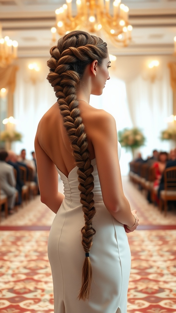 A woman with a twisted halo braid hairstyle, wearing a white dress, standing in a decorated indoor space.