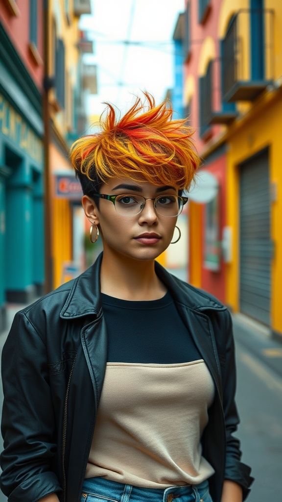 A woman with a vibrant colored curly pixie haircut, wearing a stylish outfit, standing in a colorful alley.