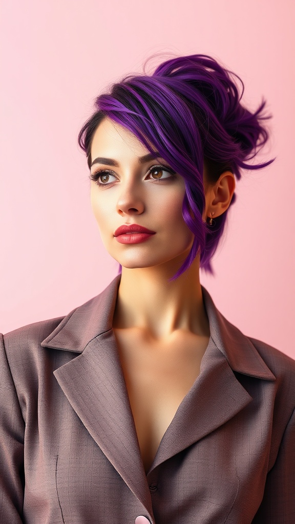 Woman with vibrant purple peekaboo highlights, wearing a stylish outfit, against a pink background.