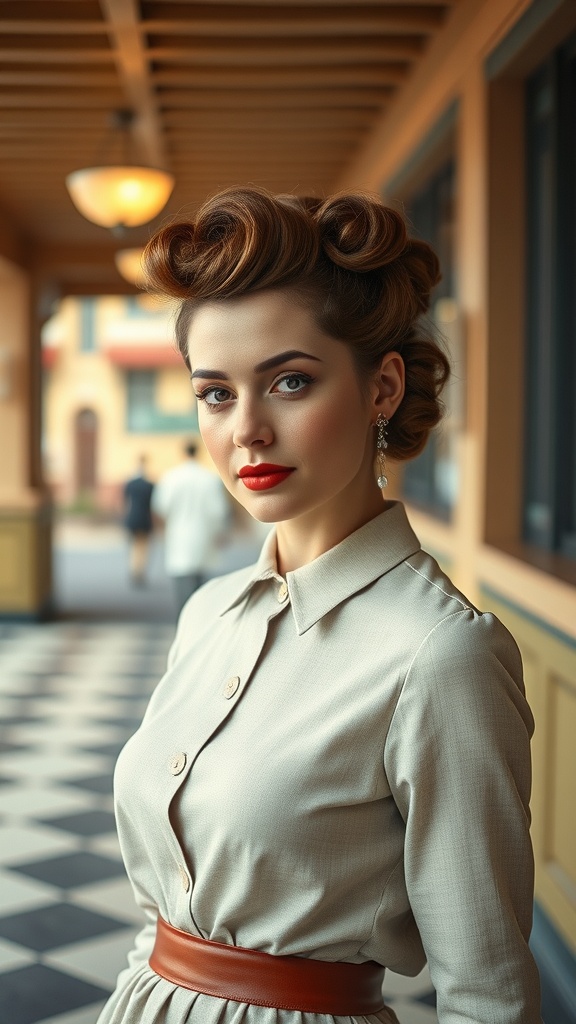 A woman with a vintage-inspired hair roll, wearing a stylish buttoned shirt and a belt, showcasing a polished look.