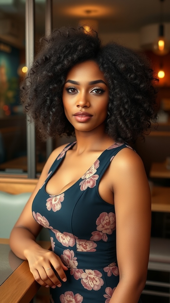 A woman with a voluminous curly bob hairstyle, wearing a floral dress, posed confidently.