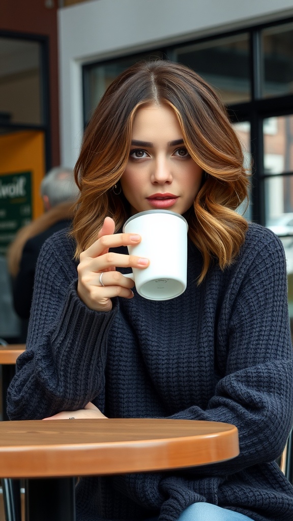 A woman with wavy brown sugar lob hairstyle, wearing a cozy sweater and holding a cup.