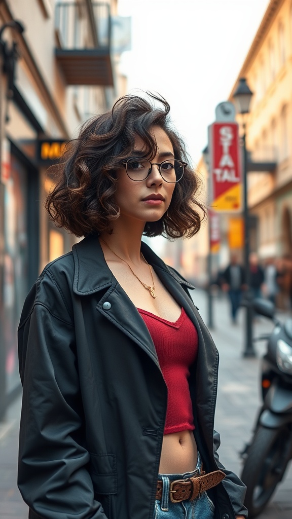 A woman with wavy curly lob hairstyle, wearing a black jacket and a red top, stands in an urban setting.