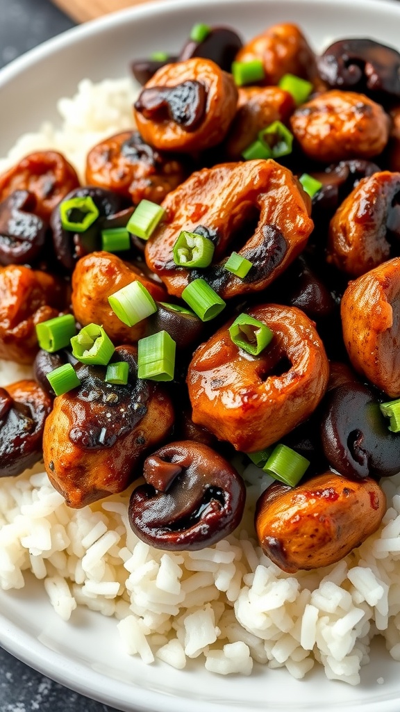 A plate of black pepper chicken with mushrooms served over rice, garnished with green onions.