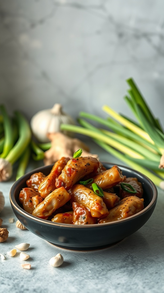 A bowl of black pepper chicken with fresh garlic and ginger in the background
