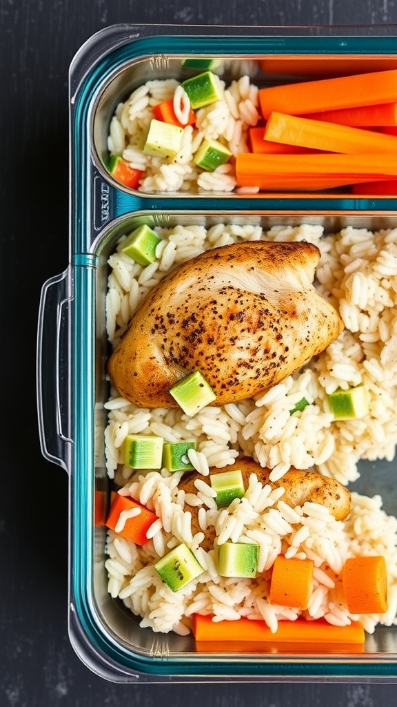 Meal prep container with black pepper chicken, rice, and vegetables