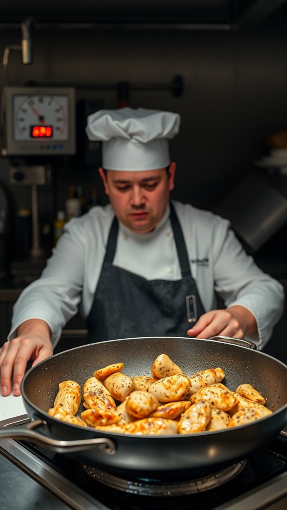 A chef carefully cooking pieces of black pepper chicken in a large pan.