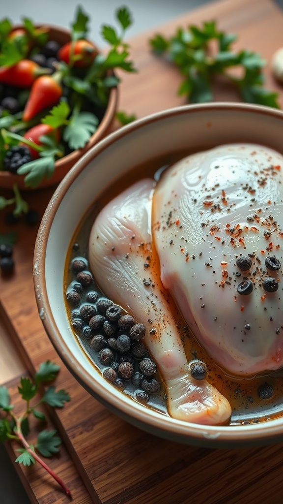 A bowl of marinating chicken with black peppercorns and fresh herbs