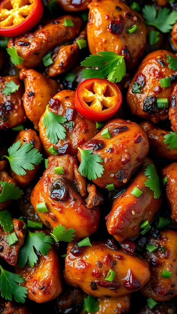 A close-up of black pepper chicken garnished with cilantro and red chilies.
