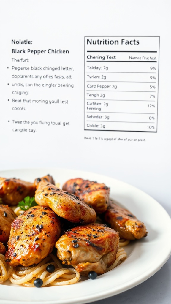 Plate of black pepper chicken on spaghetti with nutrition facts chart