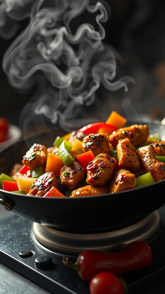 A pan of black pepper chicken with colorful vegetables, steam rising from the dish.