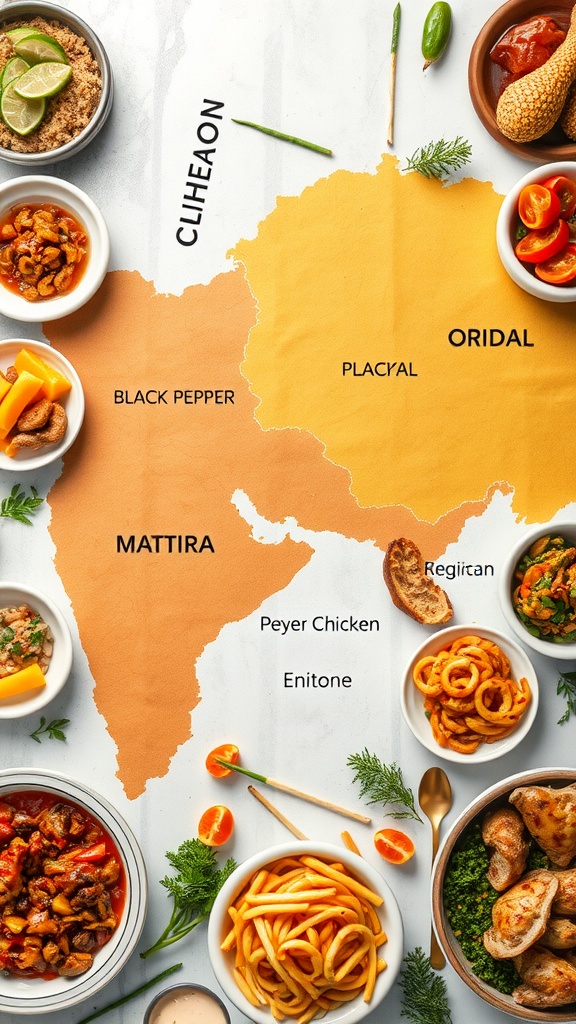 Map showing different regions and variations of Black Pepper Chicken with accompanying dishes