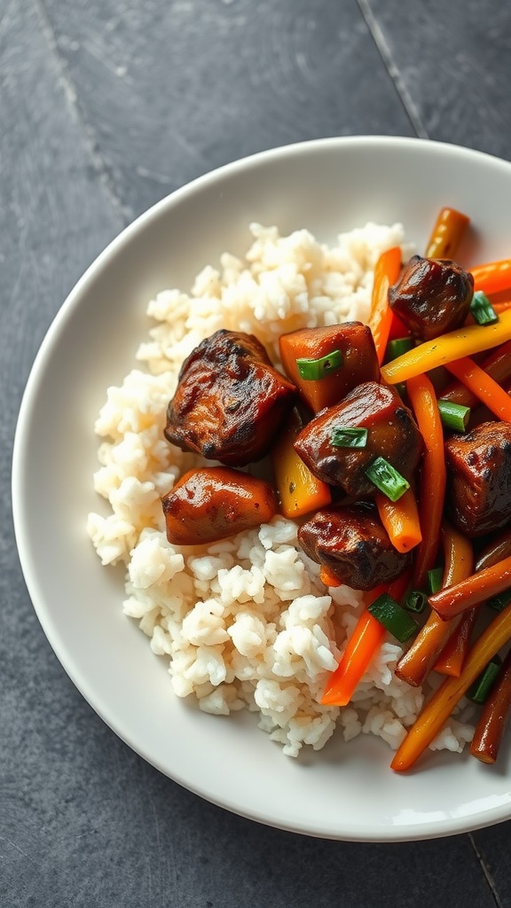 A delicious plate of black pepper chicken served with white rice and colorful vegetables.