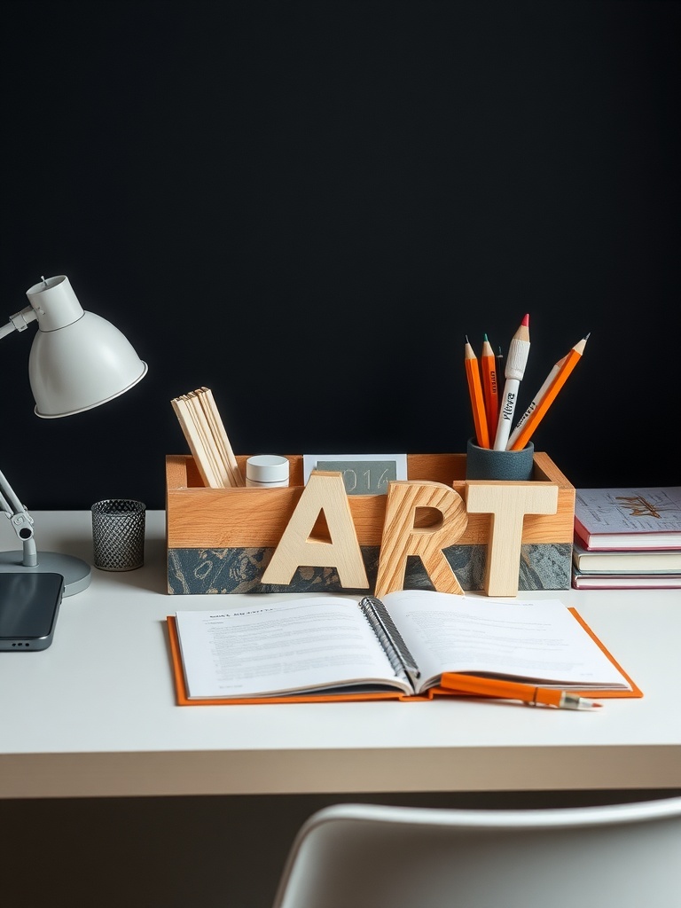 DIY desk organizer with wooden letters spelling 'ART', holding colorful pencils and notebooks on a clean desk.