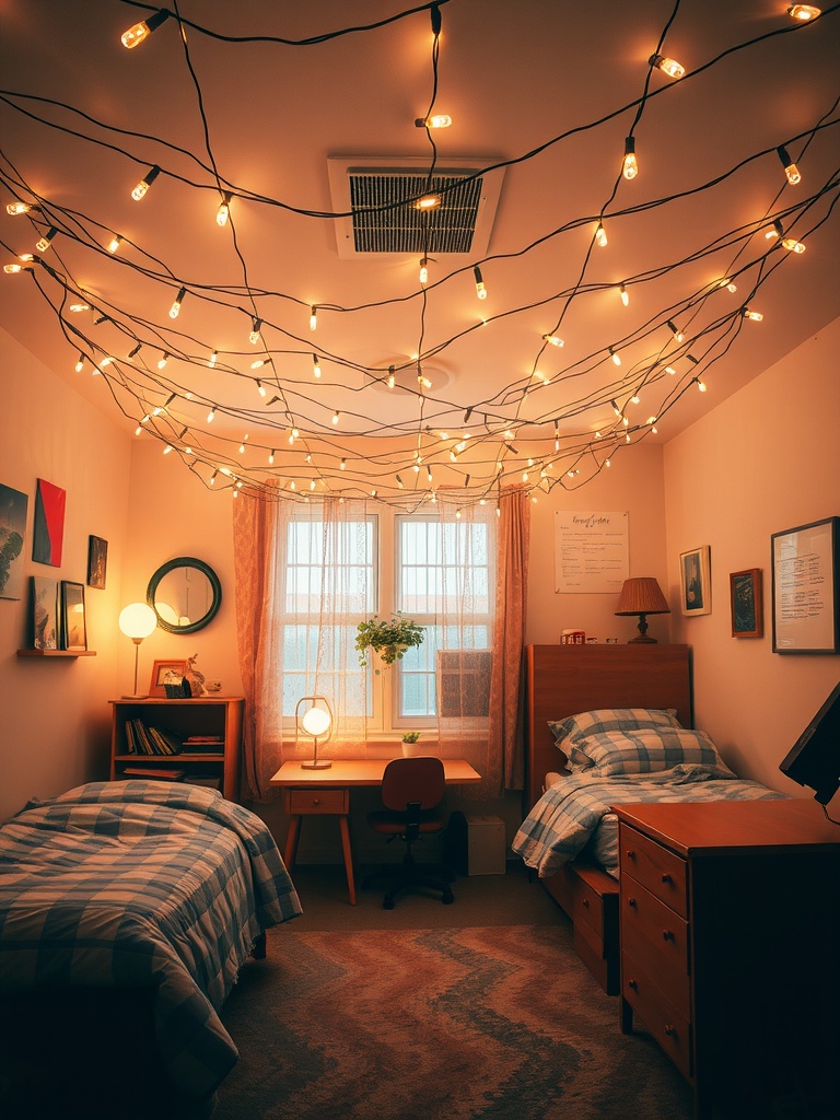 A cozy dorm room with a canopy of string lights overhead, creating a warm and inviting atmosphere.