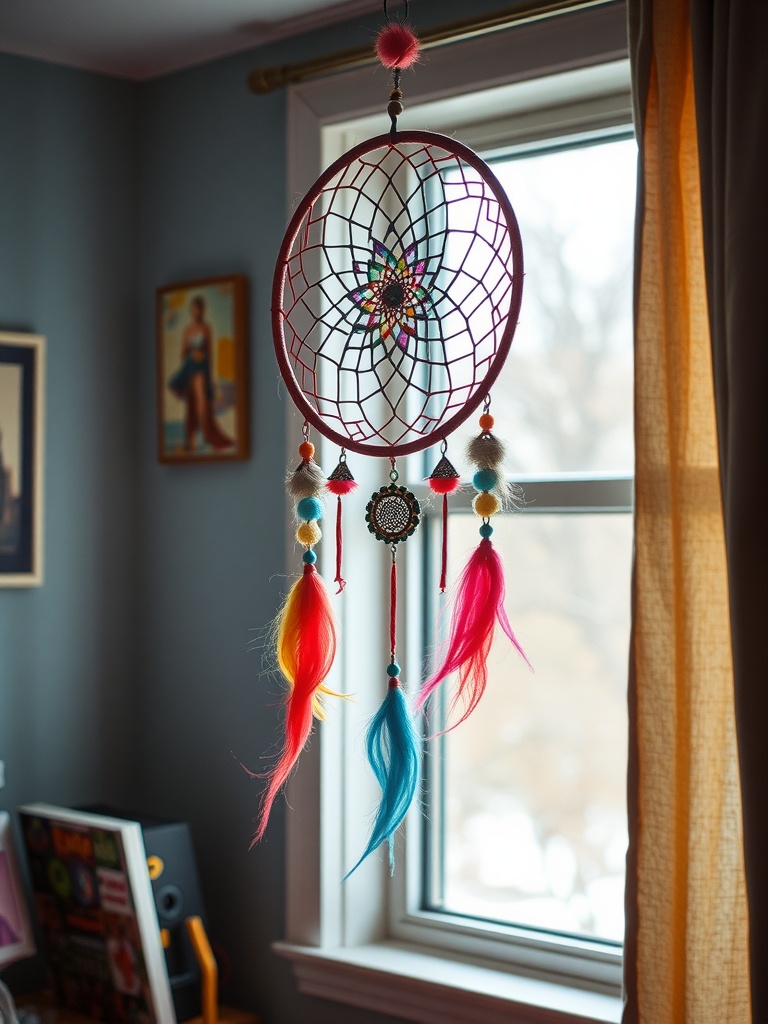 Colorful dreamcatcher hanging by a window with feathers and beads.