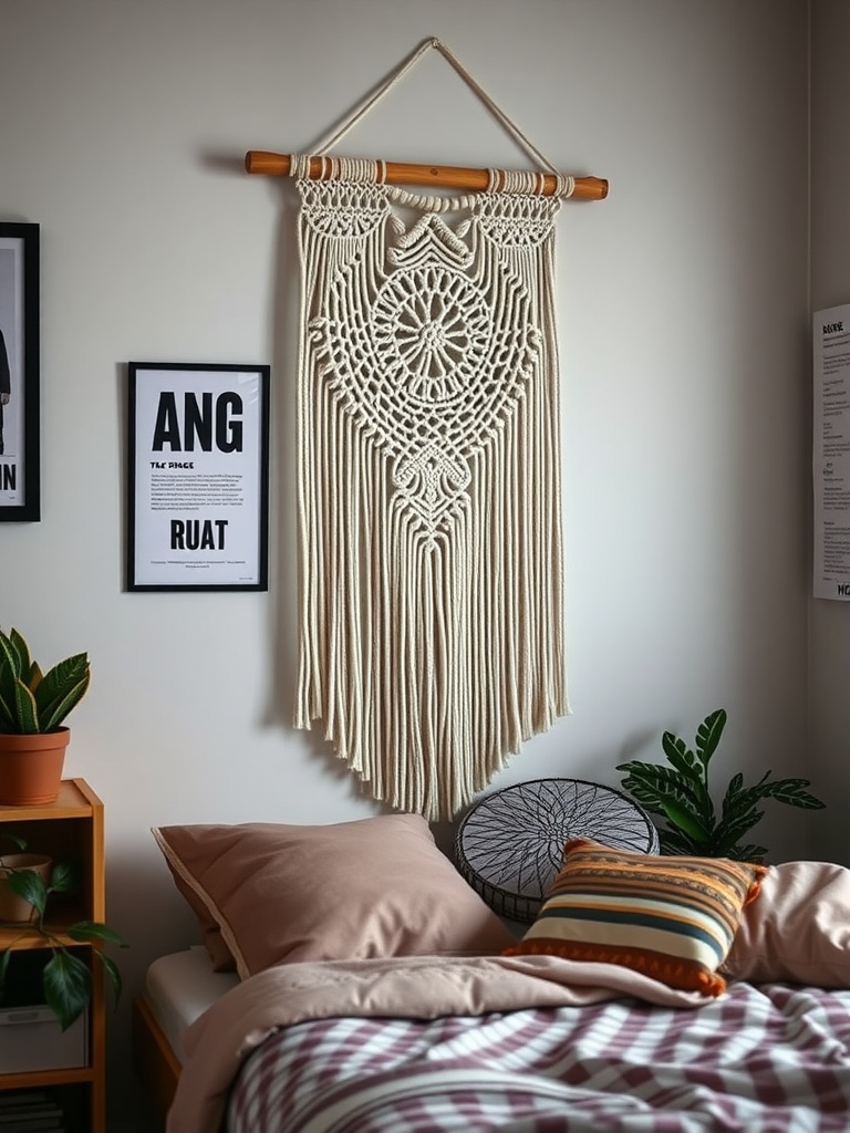 A beautifully crafted macrame wall hanging displayed above a bed in a cozy dorm room.