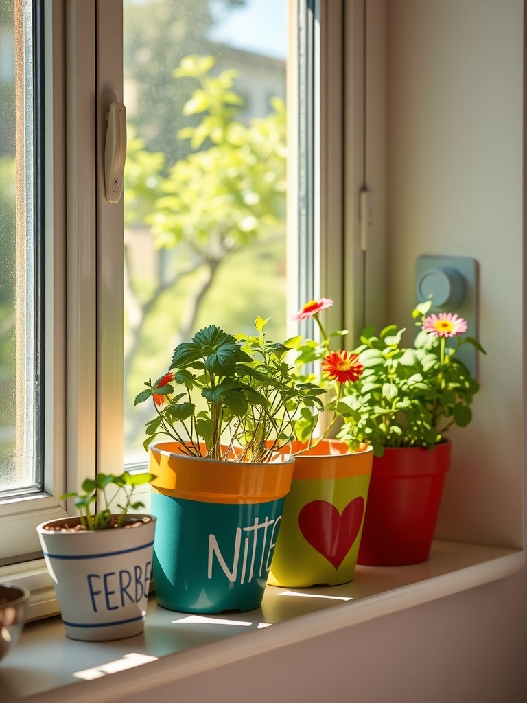 Brightly colored painted plant pots with flowers, placed on a windowsill.