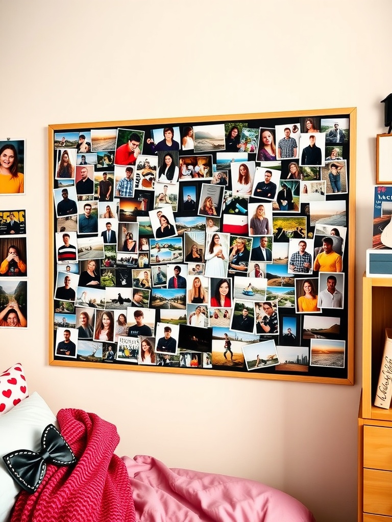 A colorful photo collage on a wall, surrounded by a cozy bed and shelf.