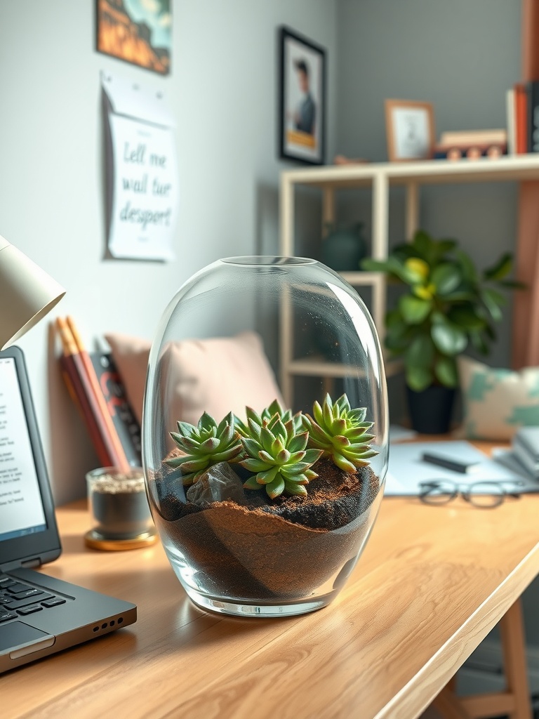 A succulent terrarium in a glass container on a desk, with a laptop and books in the background.