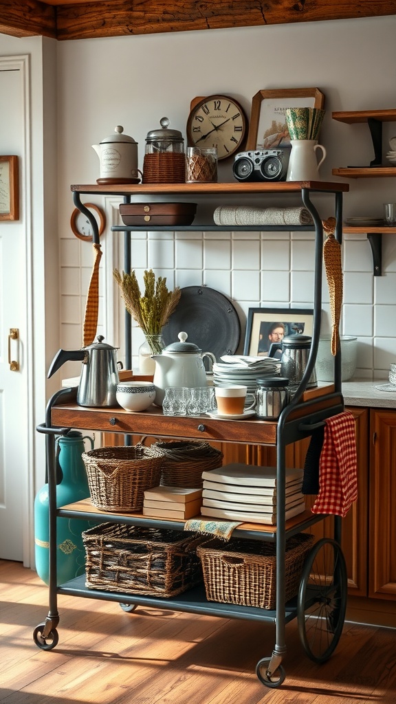 Vintage coffee cart display featuring a coffee pot, mugs, jars, and decorative items