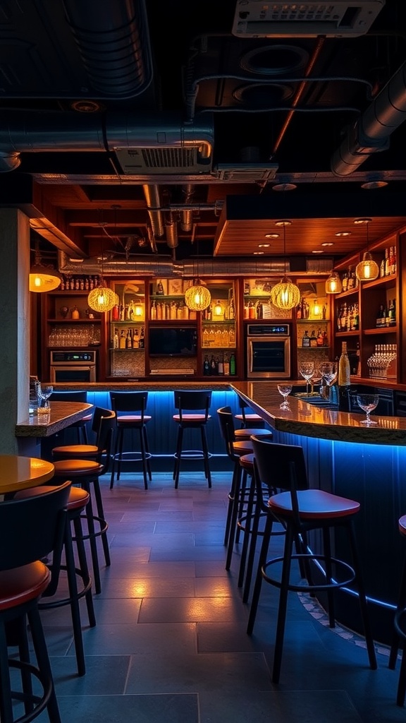Cozy basement bar area with warm lighting and stylish seating