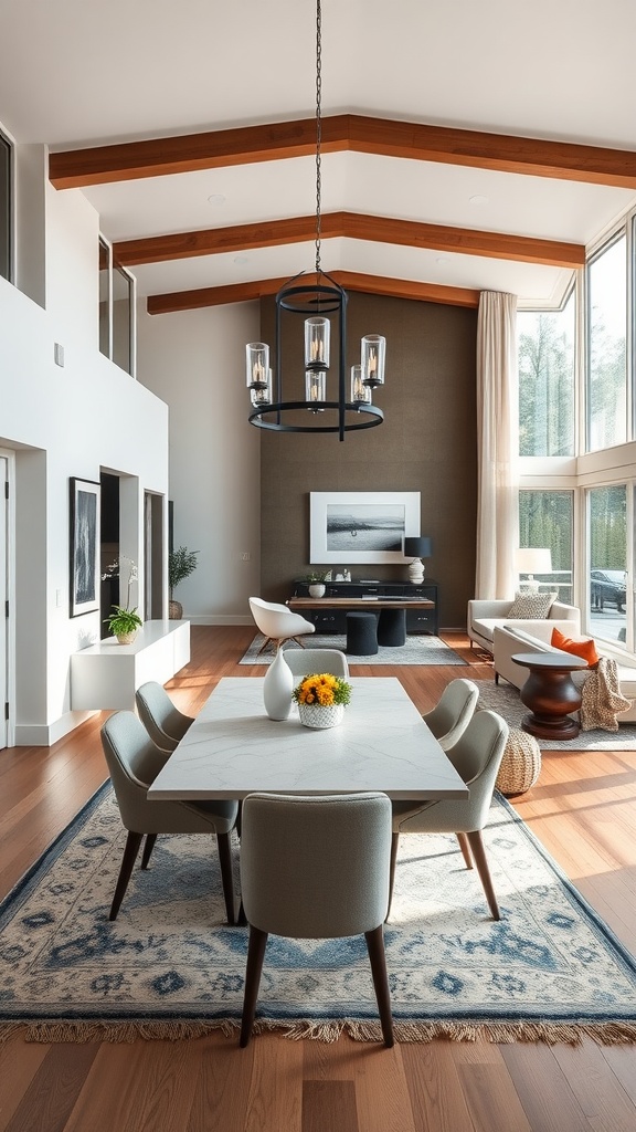 A modern open concept dining room featuring a sleek table, comfortable chairs, and large windows.