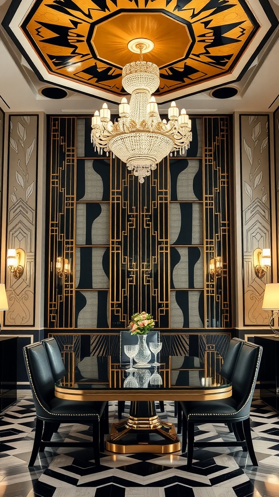 An elegant Art Deco dining room featuring a stunning chandelier, geometric wall designs, a stylish table, and luxurious chairs.