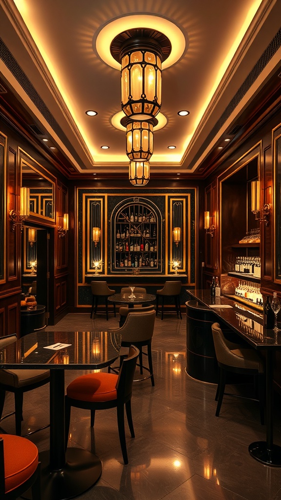 Art Deco style basement bar with elegant lighting and rich wood paneling.