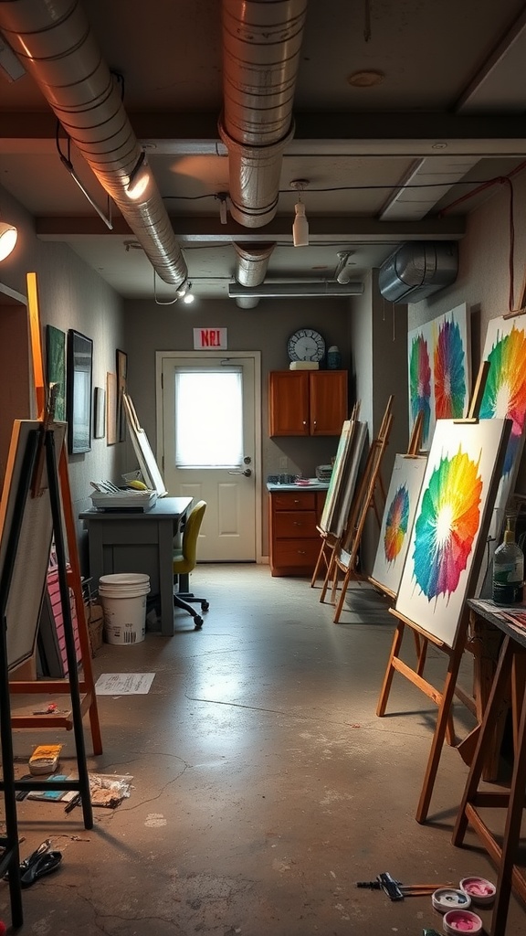 A bright art studio featuring easels with colorful paintings, a desk, and an inviting atmosphere.
